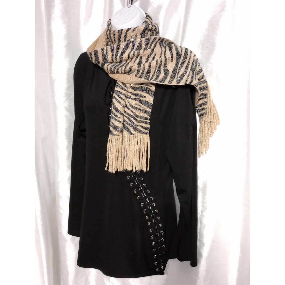 Metallic silver thread caramel tan black zebra stripe tiger scarf
